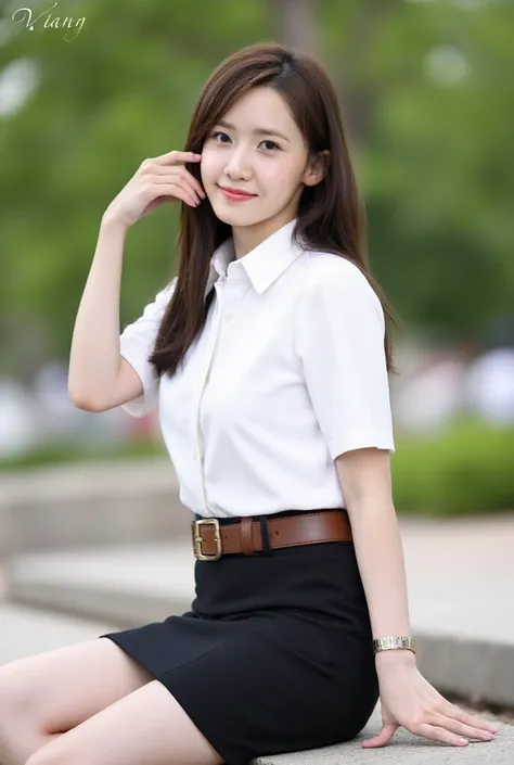 19year girl,Thai girl,cute, beautiful,cute,small Mahalai uniform, morning, smile,fit size clothes,seated,bench,portraits,full_body_portrait,blurry_background,long dark brown hair ,bending torso forward,slightly raises legs,side view,pov side,white short sl...