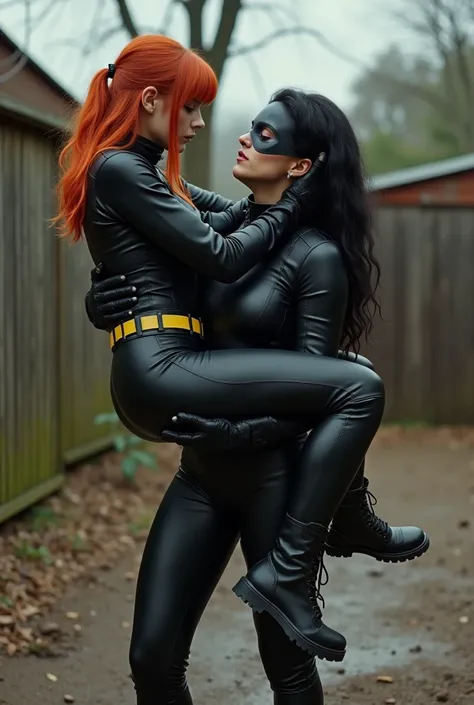 Realistic, teenage girl with red hair wearing a black track suit horizontally lifts a unconscious 50 yr old milf with long black hair above her shoulders, milf wearing a tight-fitting skintight push up wedgie tight black leather batsuit catsuit, milf is we...