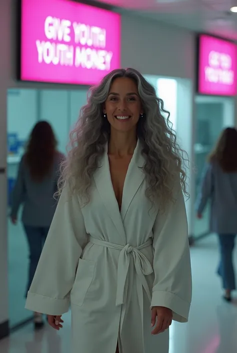 A beautiful long gray haired Ariana Grande aged 20 years from 30 to as a 50 years old woman with her long curly completely gray hair in a long hairstyle wearing a bathrobe walking out of a laboratory just after her injection she is happy because she was gi...