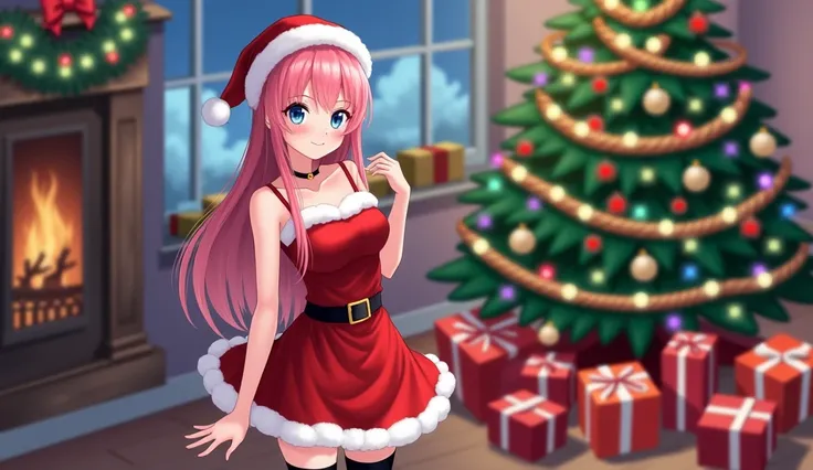 an attractive girl with Asian features, with long straight pink hair, blue eyes and a beautiful smile, wears a tight short sleeveless Christmas-style dress made of red and white edges and a hat of the same style in white, she wears a shiny black belt on he...