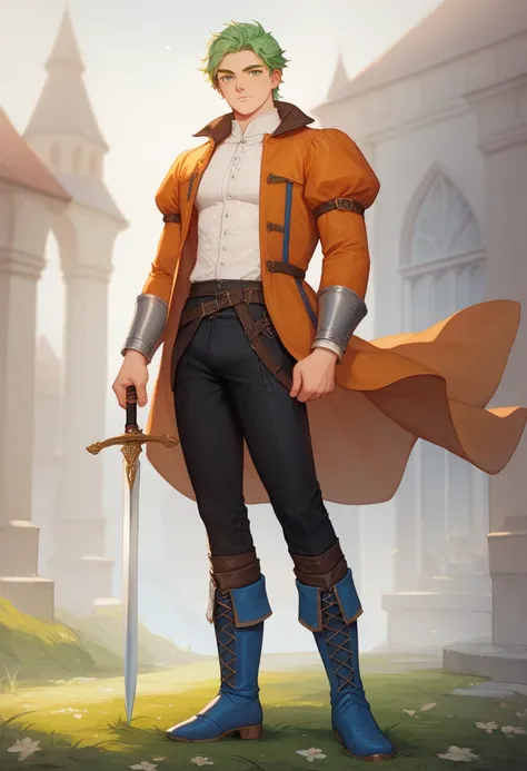 solo, green hair, Regent Hair, Regent Hair, stand up hair, orange short jacket, short jacket, white shirt, black skinny pants, Blue Boots, Medieval style, sword, medieval countryside, young man with sharp face, handsome, White, male　 hold the sword, bring ...