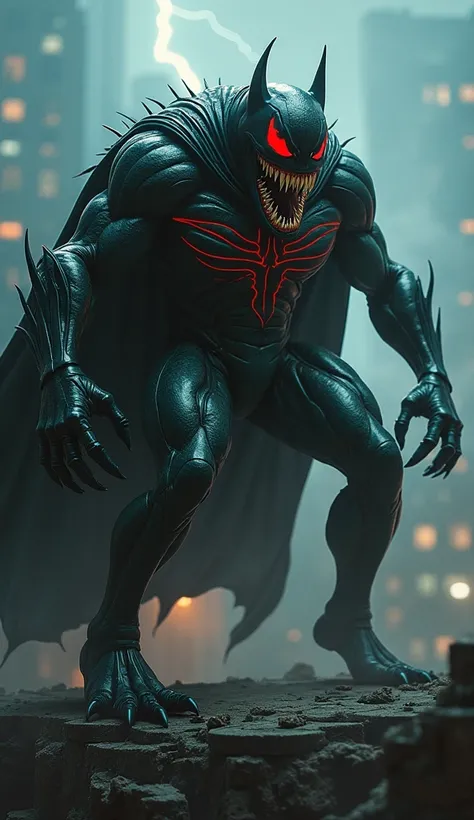 The hybrid creature is a towering, fearsome figure that merges Robins agile and acrobatic grace with Venoms dark, monstrous power. Its body is covered in a glossy black symbiote texture, with streaks of red and green glowing faintly like veins, a nod to Ro...