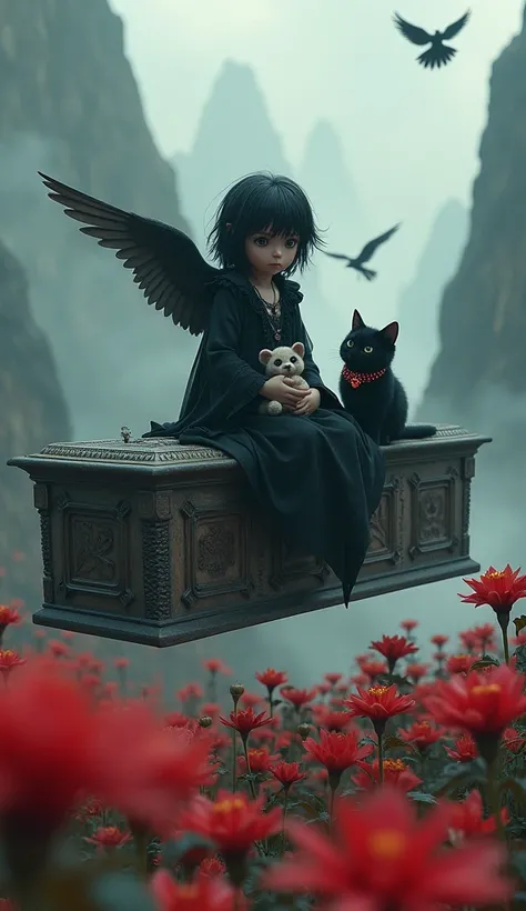  with dark hair ，A cute villain with an angel face ， sits on top of a mysterious ancient coffin holding a little bunny,， The coffin hangs in the middle of the air ， A chubby black cat stands next to the coffin，Black cat with big eyes ， with a ruby on her n...