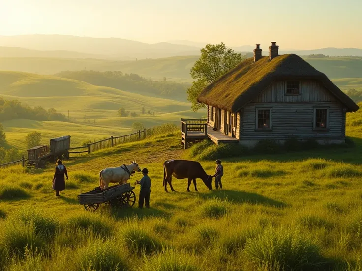 A picturesque scene inspired by the TV series Little House on the Prairie, set in a vintage farmstead before World War I. Rolling green fields surround a rustic wooden farmhouse with a thatched roof and a small barn nearby. A family dressed in early 20th-c...