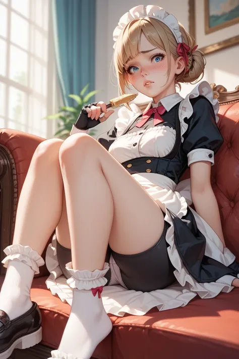 1 girl, Maid, sitting, ruffled socks , underneath, Solas, embarrassed,  bike shorts ,  pursed lips,  fingerless underwear ,  cross underwear ,  masterpiece ,  best quality ,  uncensored