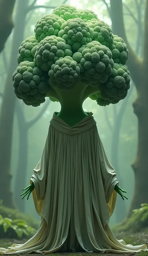  Turban Broccoli
A broccoli-shaped human with a head crowned with green broccoli flowers, wearing a long robe like a spiritual teacher .