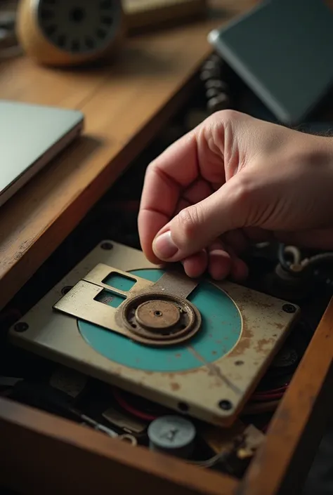 Close-up of a hand taking out an old floppy disk or rotary phone from a drawer