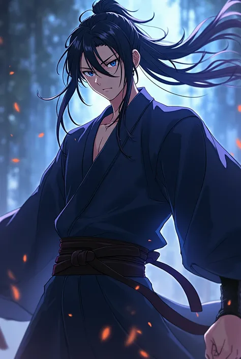  Asian character ,  dark hair with long hair tied,  anime style demon slayer, In epic pose , blue eyes and dark kimono ,  male 