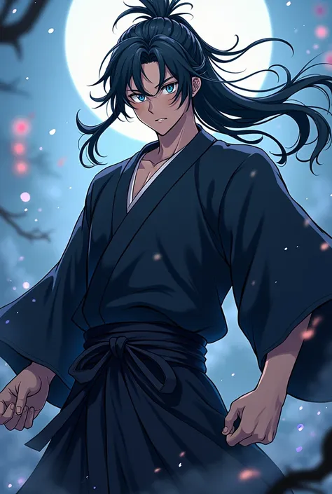  Asian character ,  dark hair with long hair tied,  anime style demon slayer, In epic pose , blue eyes and dark kimono ,  male 