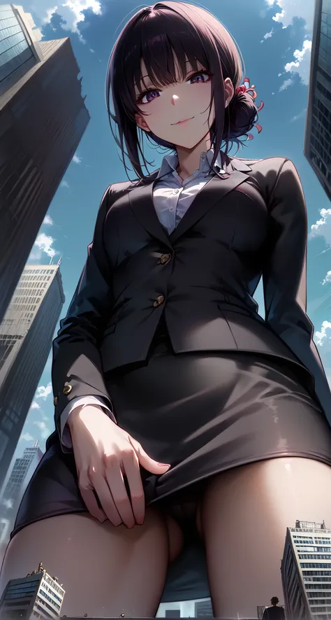 Accurate composition、Accurate body、Precise balance、キュートなanime、 is composed of high quality 、 top quality 、Giantess、woman、Giantess、 small tits、 small chest 、 smiles、Scary face、A mean look、 small tits、The view from below、 miniature cityを見下ろす、しゃがむwoman膝立ちするwo...