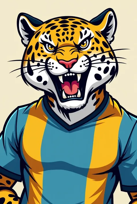 A mascot that is a jaguar wearing a light blue and yellow shirt and 
Does he have an angry face