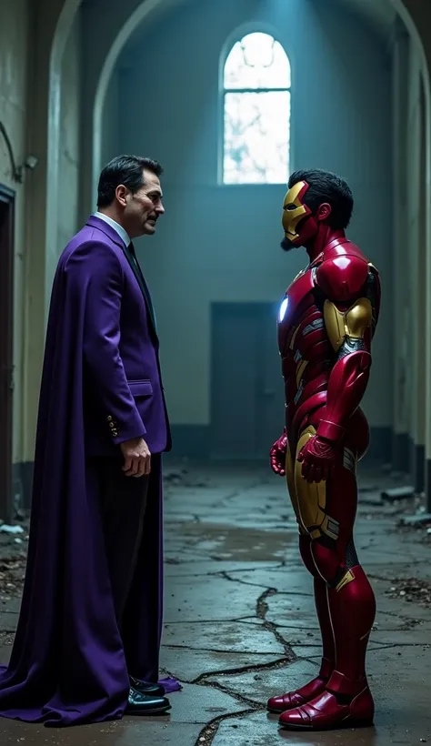 Killgrave and Iron Man facing each other in an eerie, dark, abandoned building. Killgrave, wearing his purple suit and exuding a menacing aura, stands confidently with a sinister smile on his face. Iron Man, in his iconic red and gold armor, looks tense, r...