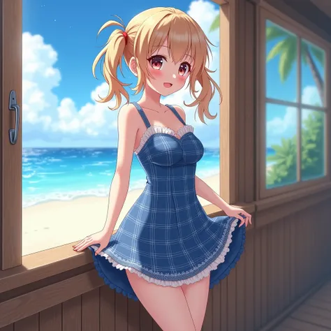 anime girl (best quality, masterpiece), high resolution, 32K resolution, 18 years old beautiful american beauty, standing near window, (small blue plaid summer dress (short, above thighs) with detailed ruffles), sleeveless, lace detailed, (skirt pulled up ...