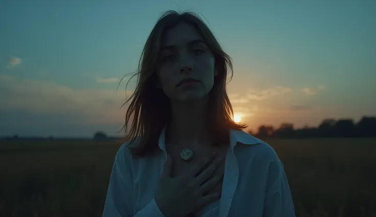 "Medium Shot of a young woman or man standing in a field just after sunset. The sky is a deep blue, with a faint golden horizon from the last light of the day. The characters face reflects sadness, but there is hope in his eyes. One of the characters hands...