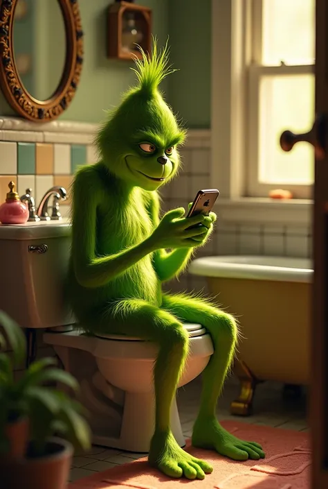 Grinch sitting in the bathroom with the cell phone 