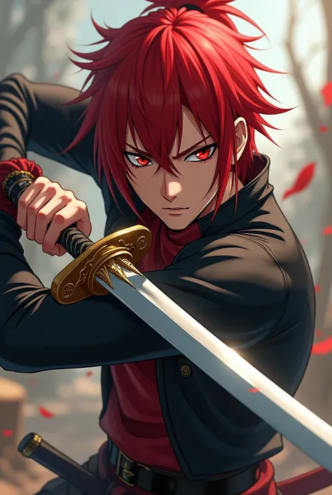 Anime character with red hair and red eyes, muscular with sword and slanted eyes, fair skin 