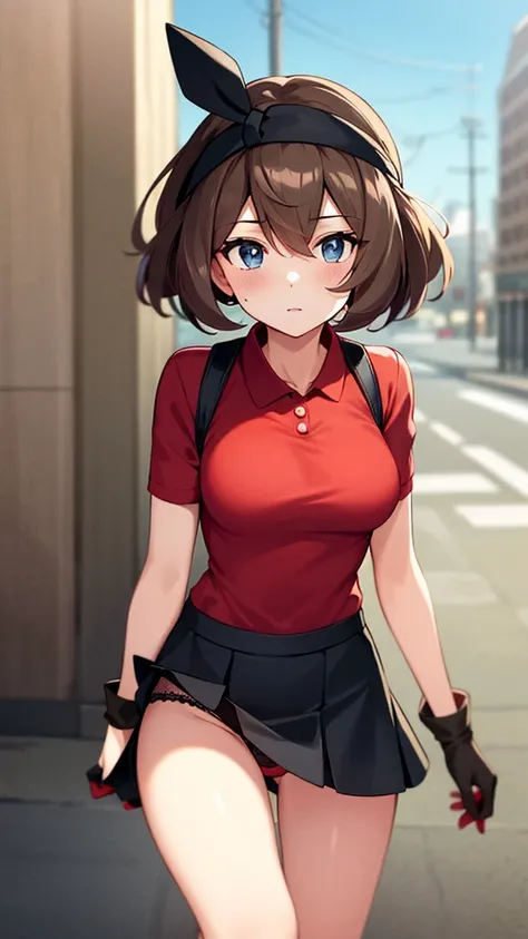 ,can (pokemon), Bandana, shirt, skirt, Gloves, fanny pack,1 girl,  black lace panties , skirt corta roja,  brown hair , tabs ,grey eyes,leg hold, looking at the spectator, medium breasts, shirt,red shirt,  black lace panties ,Blue eyes,Red headband, skirt ...