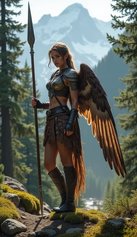 A striking hybrid of a warrior woman and a falcon stands in the heart of an alpine forest. She has the elegant, feathered wings of a falcon extending from her back, with feathers blending seamlessly into her human arms, which hold a finely crafted spear. H...