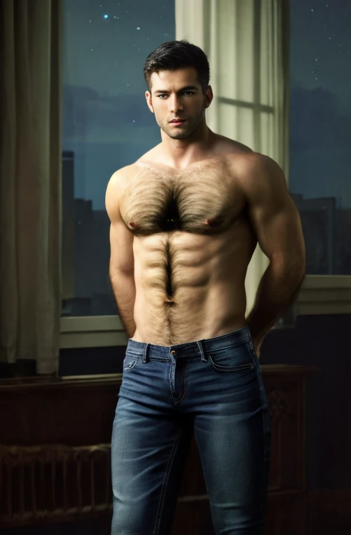 photo of black haired (1 man), ((black jeans)), ((no shirt)), ((very hairy chest)), large bulge, ((hairy torso)), (blue eyes), short hair, elegant, erotic, exuding sexual energy, homoerotic, sharp focus, photo by greg rutkowski, soft lighting, ((realistic)...