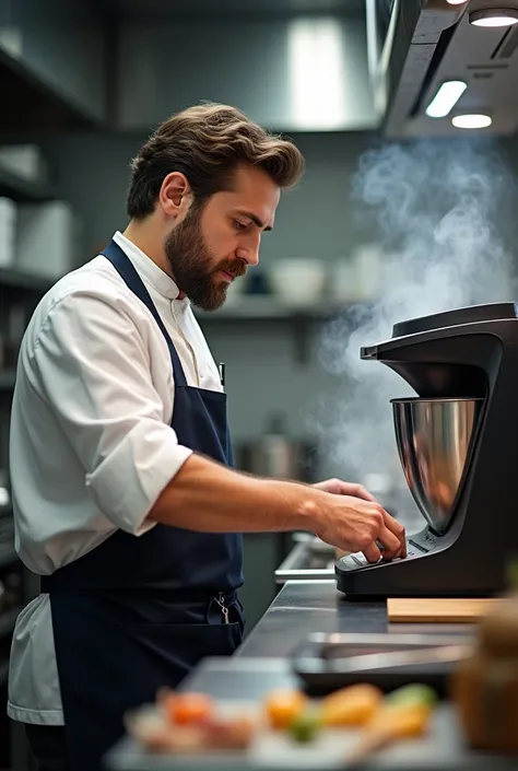 A chef inside his work environment using a thermomix machine