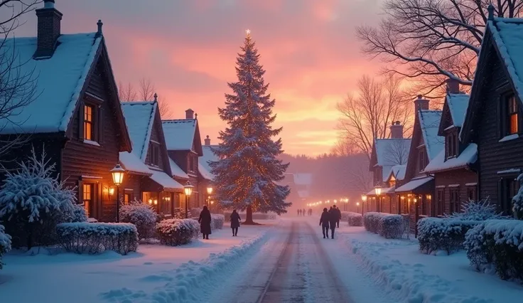 Breathtaking cinematic photo of a real Hyperrealistic christmas landscape photo of a village covered with snow in the ethereal mist,((snow is falling)), (((christmas tree:1.8 in the center: 1.5)))), ((street lanterns: 1.8)), (((people walking on the street...