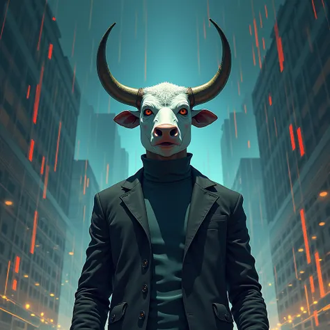 A man wearing a white bull mask is looking up at the sky on the stock chart、 illustrations、 character profile, 