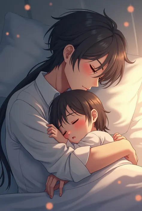 Anime tall man sleeping hugging little man