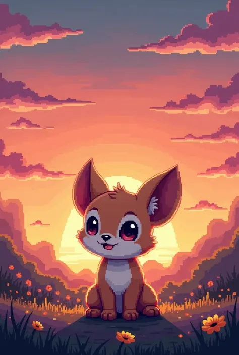 Pixel art 32x32 ,  a cute little animal with the sunset in the background