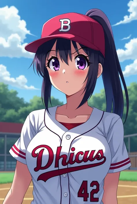 Japanese animation style、 high school girl、Baseball uniform 、 Baseball Cap 、 Practice Area、Dark Purple Long Hair、single ponytail、 purple pupils、 full breasts 、From Taiwan