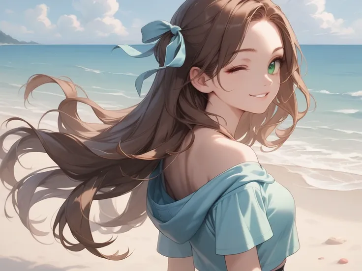 masterpiece, insanely detailed, beautiful, absurdres, woman, blissful, smiling, wink, standing, looking at viewer, long hair, brown hair, green eyes, droopy eyes, pale skin, chibi, slender, beautiful breasts, lanky, t-shirt, hoodie, off shoulder, mini skir...