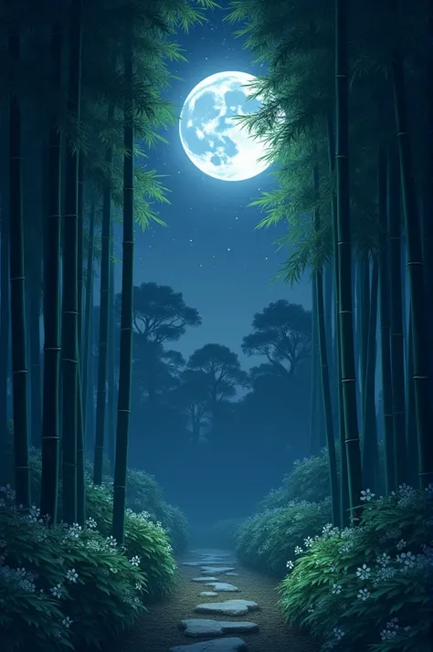 Moon and stary night with bamboo trees forest. 