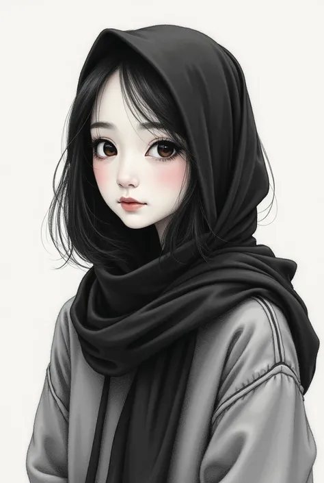 drawing on paper, pencil drawing, pen drawing, drawing of an Asian girl wearing a black hijab wearing a gray hoodie, real drawing