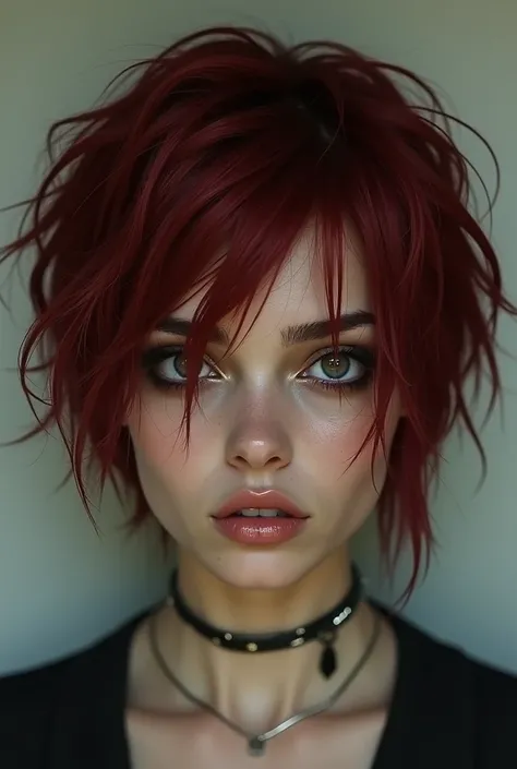 Make a woman with short, messy, and dark red hair, with eyebags