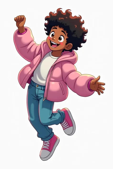 a lightskin black male. With brown/hazel eyes and black curly hair. He is floating in white space. He has a wide smile and diamond grillz in his mouth. He has a puffy pastel pink jacket with a white under shirt. blue jeans and pink shoes. Anime style Vhs f...