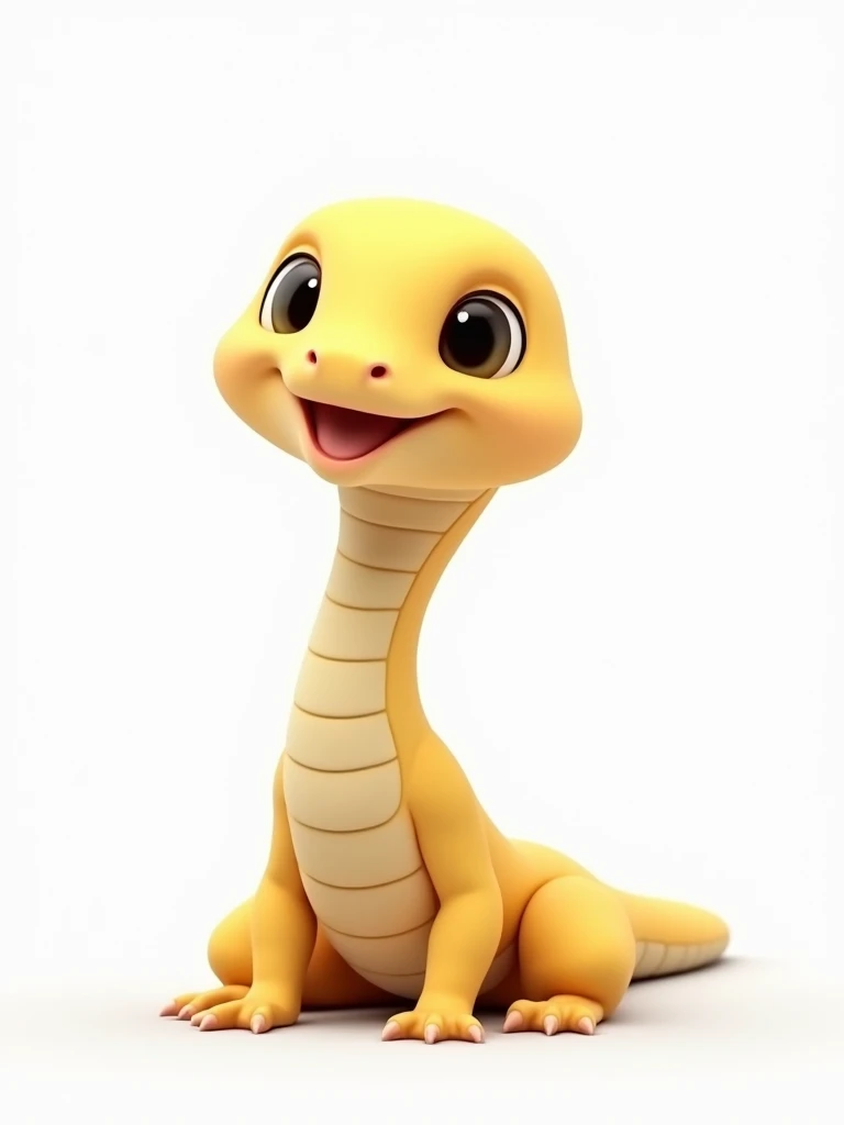 A cute snake baby is sitting on the ground, with light yellow skin and a happy expression on its face. Round head, two large eyes, on a white background, adopting Pixar style, featuring red wall character design, full body shooting, high resolution, high d...