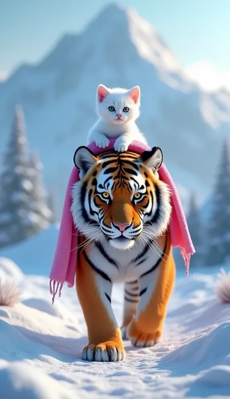 In cinematic 3D style, HD image ,colourful image, realistic image.
Action,There is a huge area of ​​snowy mountains. A big tiger is walking ,It has a pink blanket around its neck and a white baby cat is sitting on its back. It has a pink blanket around its...