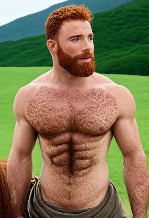 Ancient times, a man, 30 years old, light skin with freckles, full beard, wavy reddish hair, brown eyes, scottish features, appearance of kindness, peace, tranquility, trail and field in background, verdant hill in the distance, cartoon ,3d, disney, super ...