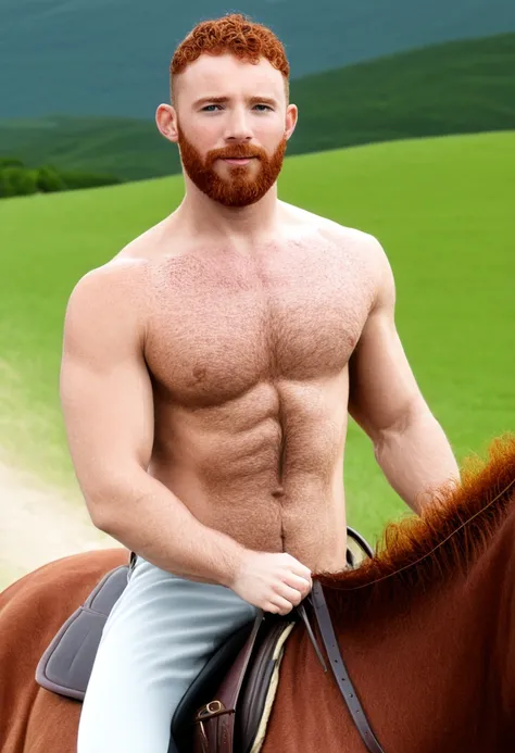 Ancient times, a man, 30 years old, light skin with freckles, full beard, wavy reddish hair, brown eyes, scottish features, appearance of kindness, peace, tranquility, trail and field in background, verdant hill in the distance, cartoon ,3d, disney, super ...