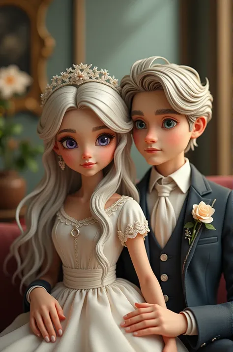 a girl with white long hair and violet eyes wear vintage dress with a man with blonde hair and blue eyes and with a boy with grey hair and blue-grey eyes.