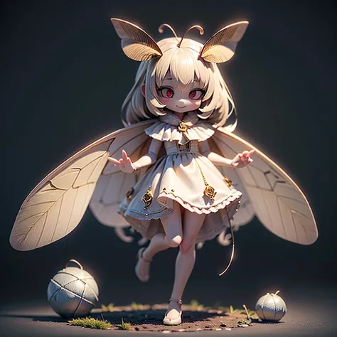 Alone,1 Female(cute,Cute, little ,Skin color is white,  short white hair,( large moth wing hair :1.7),white dress( beautiful race ),( two moth antennae on the hair :1.2), big evil smile ,[ moth wings on back :2.0],[ moth wings :2.0],[Moth Wing:2.0],[Extra ...