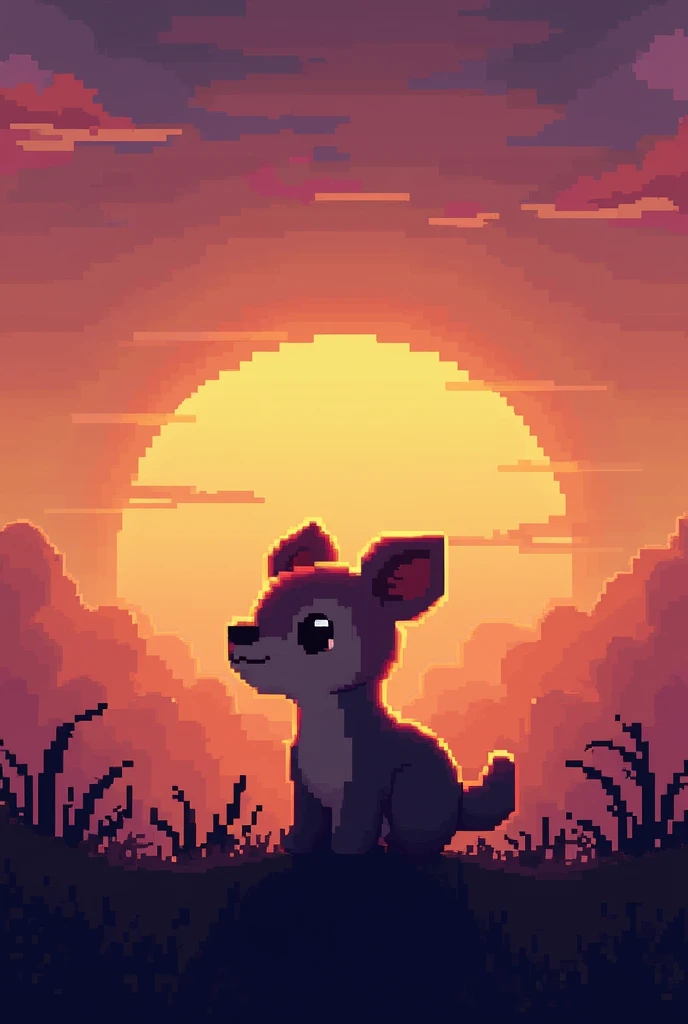 Pixel art 32x32px  ( The size is very important),  a cute little animal with the sunset in the background