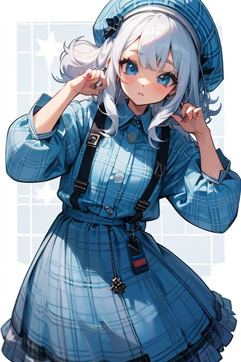 White girl with curly platinum hair, Cute clothes、((white-blue plaid hat)).((Anime female eyes:1.25)).