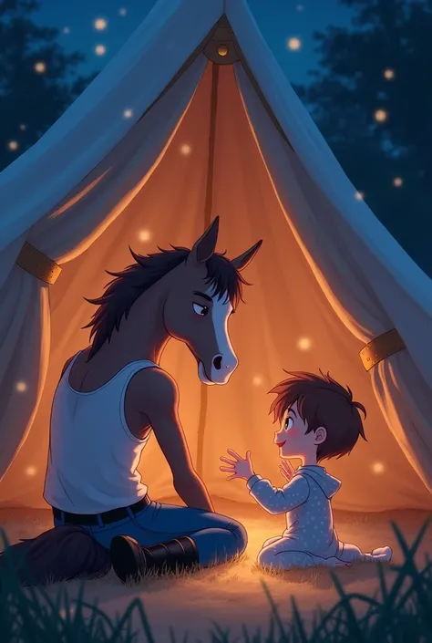 Two characters. Character 1: (anthro horse, slim build, over 50s, thinning hairline, white tank top, blue jeans, black boots). Character 2: (young boy, pajamas onesie). In a magical realm where humanoid animals exist, in a tent at night, anime.