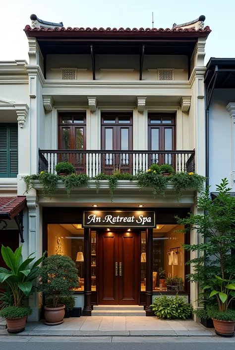 design for me a spa shophouse 3 floor outside with the name board is " An Retreat Spa " WITH GOOD OUTLOOK