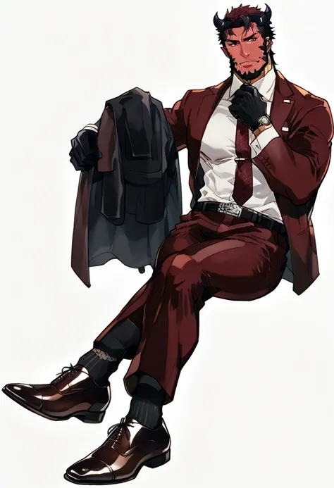 male focus, muscled male, solo, ikemen, mature, male only, tough man, bold, eyes fix, flat chest, sturdy waist, 50 years old, office worker, collared shirt, tie, three piece suit, belt, slacks, tight clothes, whole body, sitting, invisible chair,  looking ...