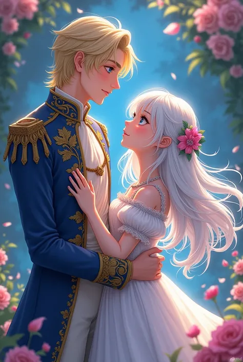 screencap anime, a girl with white long hair hime cut and violet eyes wear vintage dress with a prince who have blonde hair and blue eyes.