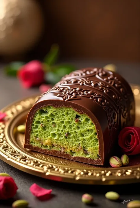 A highly detailed and realistic depiction of a luxurious chocolate treat from Dubai, filled with green pistachio kunafa. The chocolate shell is glossy, rich, and dark, showcasing intricate Arabian patterns embossed on its surface. Inside, the vibrant green...