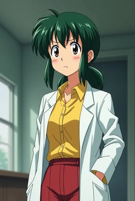 Sakurai sensei, mature face, 1990s anime woman, dark green wavy hair, low tired pony tail, lab coat, yellow shirt, red trousers 