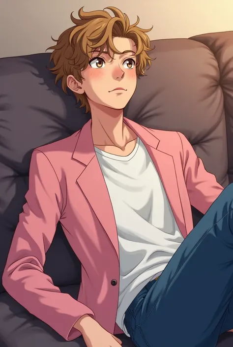 a lightskin skinny man. With brown/hazel eyes and blonde/brown curly hair. He is slouching/laying on a couch staring into the ceiling. He has a serious look on his face. He has a  pastel pink jacket with a white under shirt. blue jeans. Serious anime style...