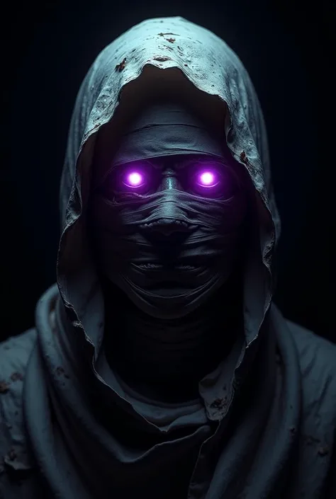 Here’s a detailed prompt for generating a similar image:

**"A close-up of a mysterious mummy’s face in complete darkness. The mummys features are wrapped in aged, tattered bandages, with no other details visible. Its glowing purple eyes radiate an intense...